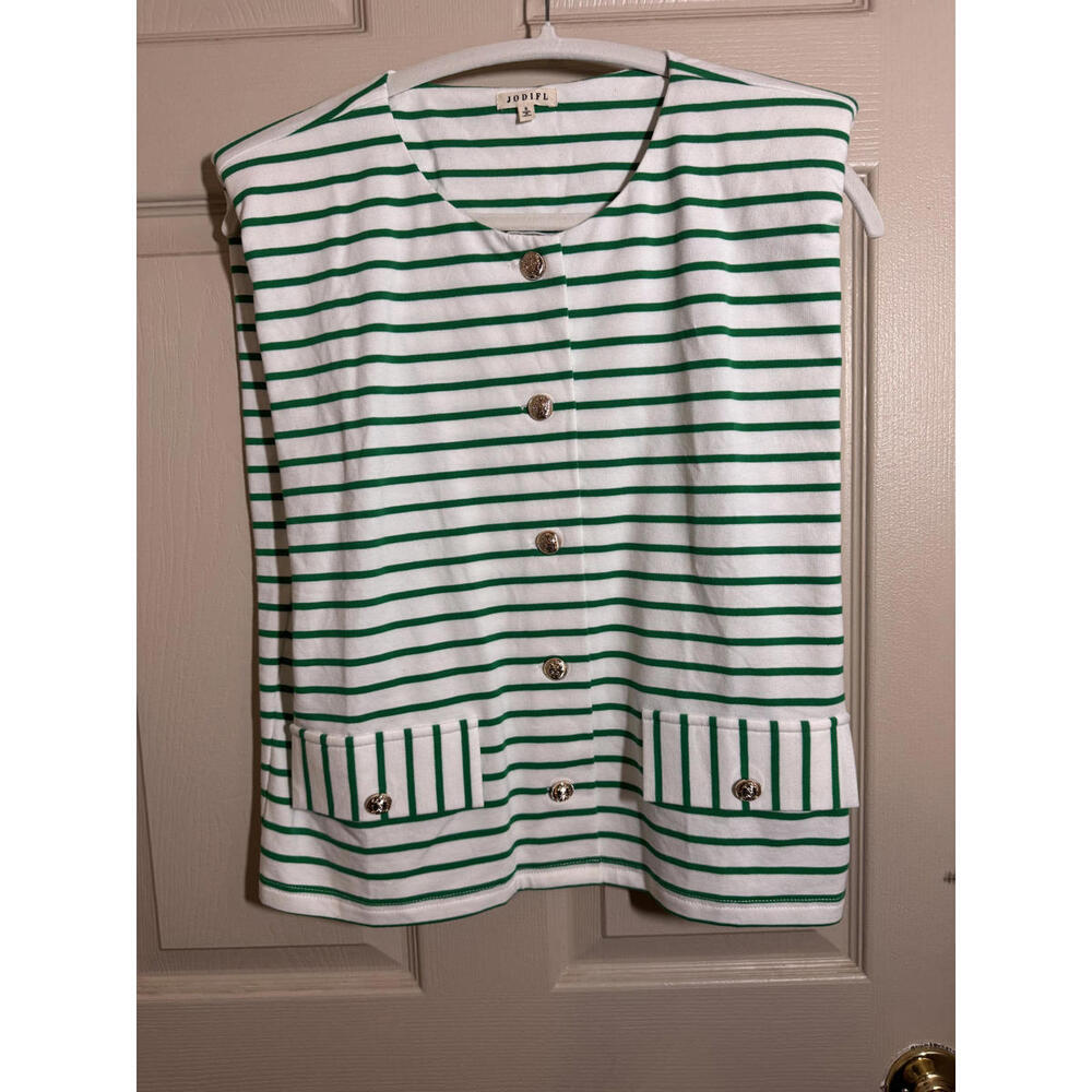 JODIFL Green and White Striped Button-Up Vest - Size Small